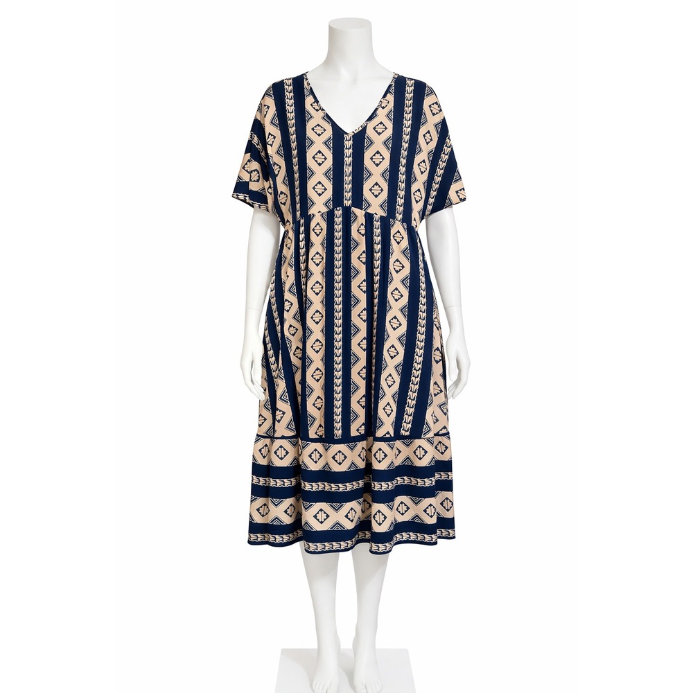 BloomChic Geometric  Midi Dress Navy Beige V-Neck Empire Waist Plus Size 18